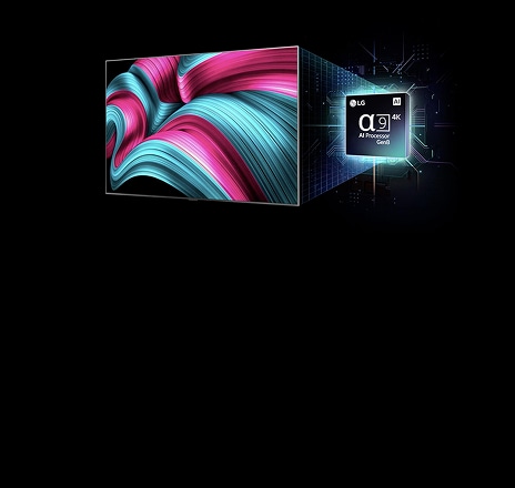Op het scherm van een LG OLED evo AI TV is een abstract beeld te zien met indrukwekkende details, kleuren en contrast. Achter de TV bevindt zich een vergrote versie van de α9 AI-processor Gen8, die licht uitstraalt en de microchipcircuits eromheen verlicht. De titel luidt “LG OLED evo AI”. De tekst “powered by LG α9 AI Gen8 Processor” is ook zichtbaar.