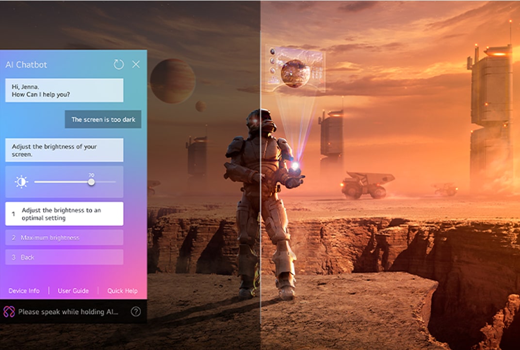 LG TV-scherm met sci-fi scène en AI Chatbot-paneel illustreert AI-ondersteuning voor beeldinstellingen.