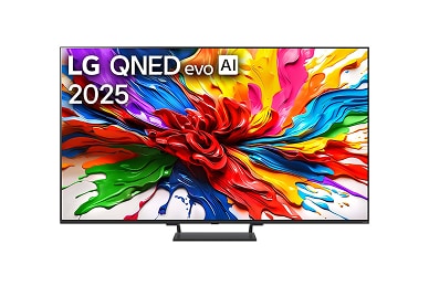 Vooraanzicht van de LG QNED evo QNED93 TV, met het LG QNED evo AI-logo in de bovenhoek. De LG QNED evo TV toont kleurrijke, penseelachtige texturen die samenkomen.