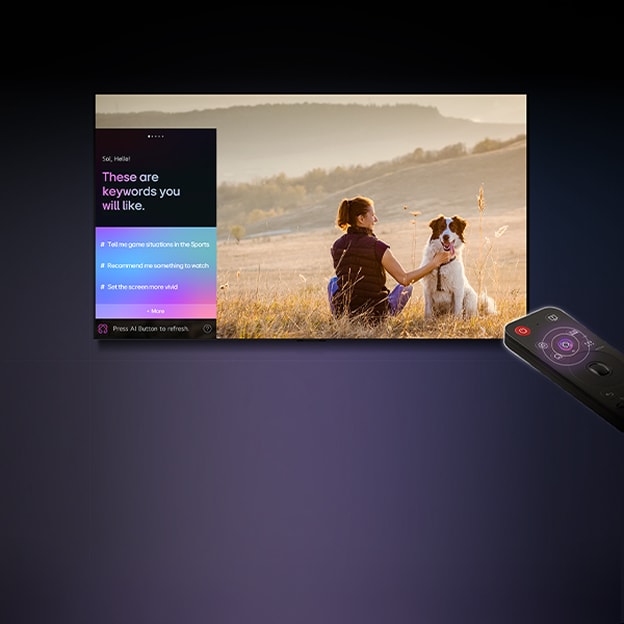 LG AI Magic Remote voor een LG TV-scherm. Op het scherm verschijnt een gepersonaliseerde begroeting van de LG AI met aangepaste trefwoorden op basis van de zoek- en kijkgeschiedenis van de gebruiker. Naast de afstandsbediening staat een pictogram met een label dat laat zien dat de AI Concierge-functie eenvoudig toegankelijk is met één korte druk op de AI-knop.