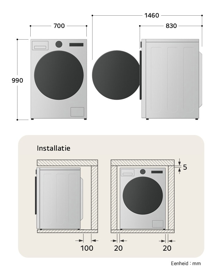 Technische tekening LG wasmachine: B 700, H 850, D 830 mm (deur open 1460 mm), incl. installatieruimte.