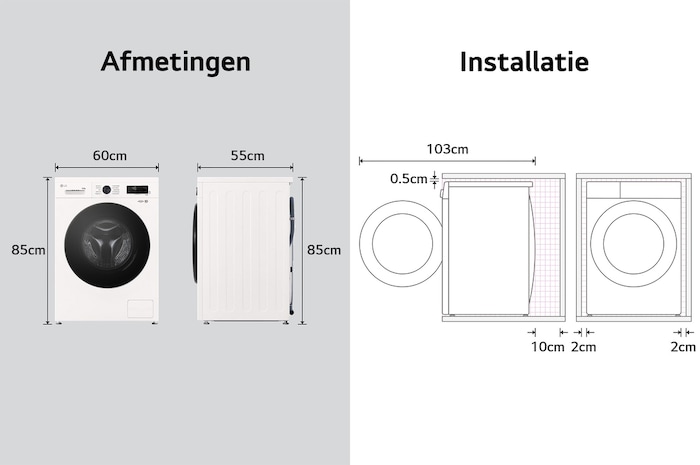 Afmetingengrafiek LG wasmachine: B 60, H 85, D 55 cm (deur open 103 cm), incl. installatieruimte.
