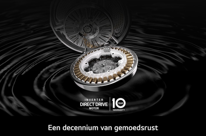 Close-up van de Inverter Direct Drive™-motor in de LG F4X1009NWB 9 kg wasmachine, met de nadruk op het duurzame ontwerp en 10 jaar garantie.