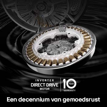 Close-up van de Inverter Direct Drive™-motor in de LG F4X1009NWB 9 kg wasmachine, met de nadruk op het duurzame ontwerp en 10 jaar garantie.