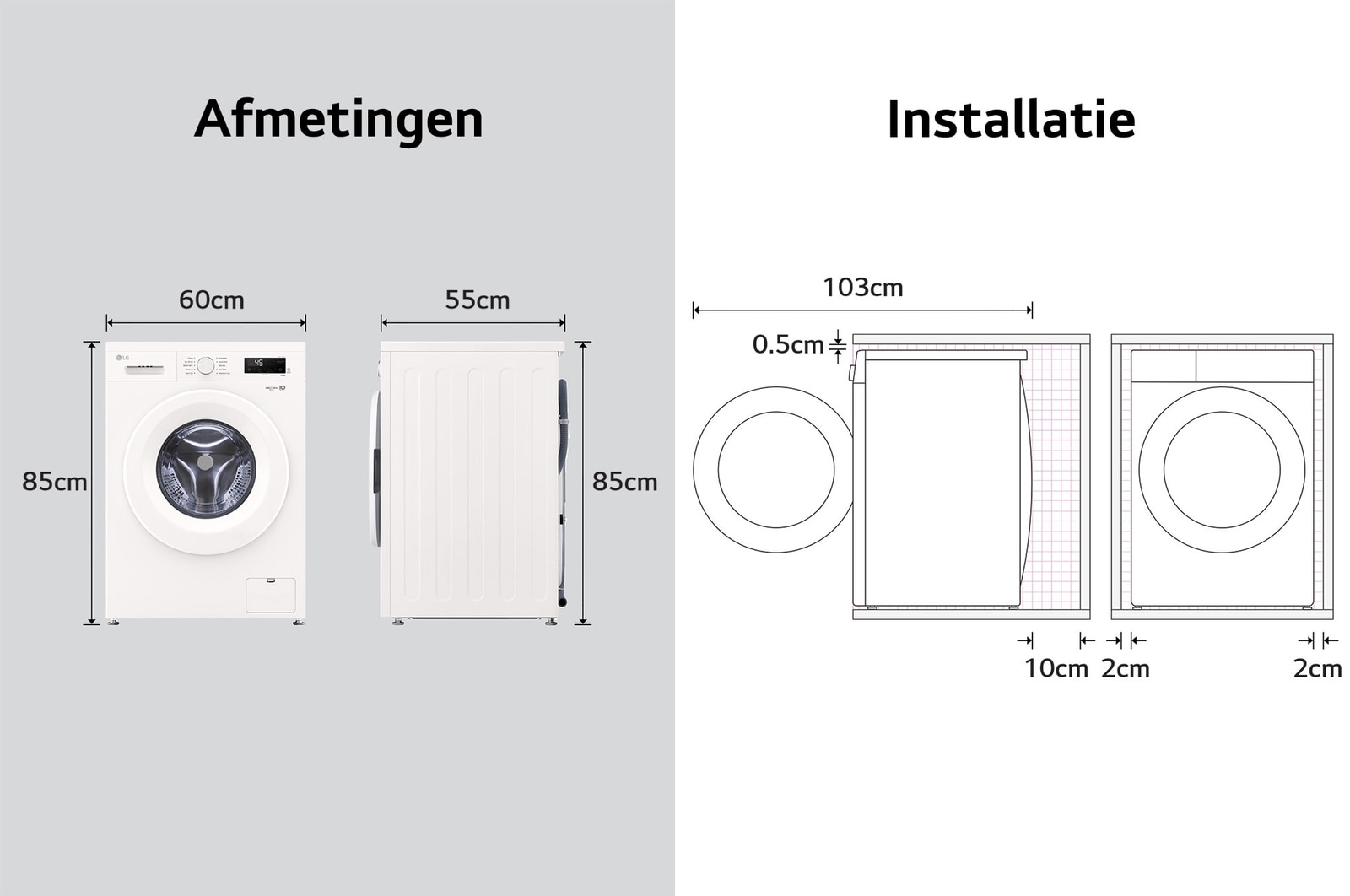 Afmetingengrafiek LG wasmachine: B 60, H 85, D 55 cm (deur open 103 cm), incl. installatieruimte.