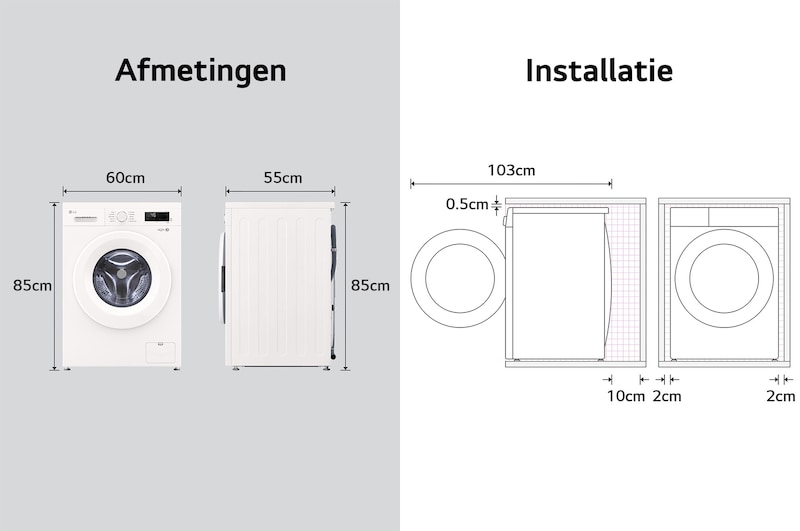 Afmetingengrafiek LG wasmachine: B 60, H 85, D 55 cm (deur open 103 cm), incl. installatieruimte.