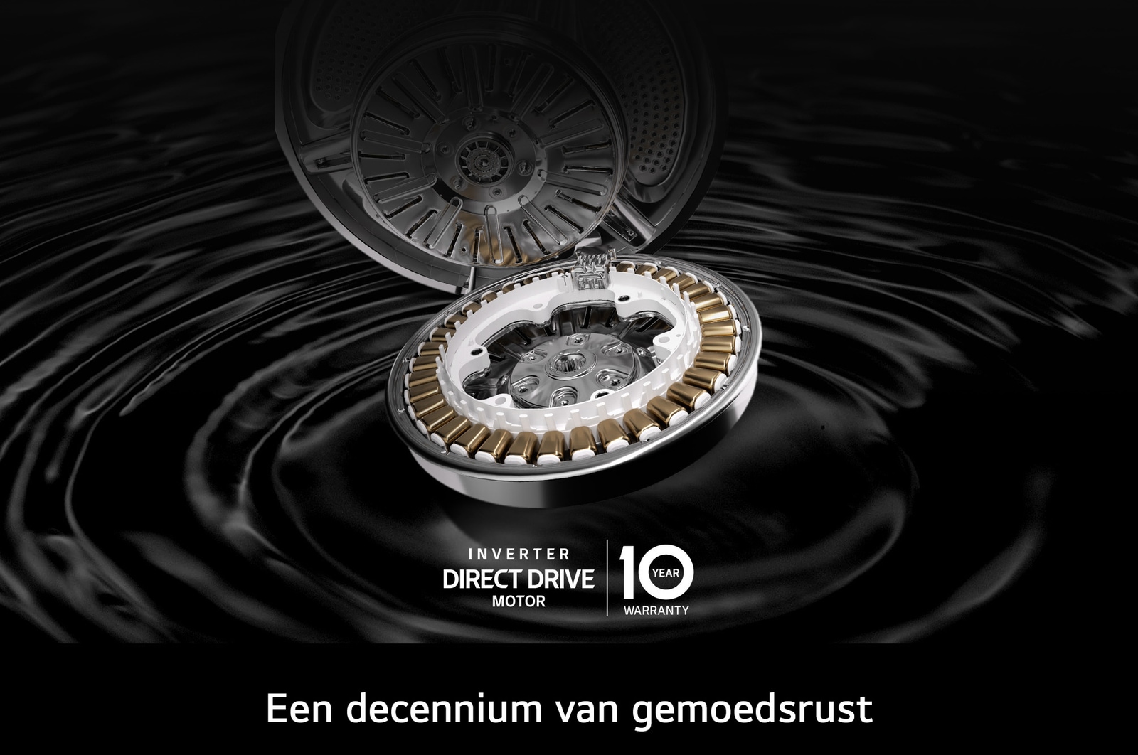 Close-up van de Inverter Direct Drive™-motor in de LG F4X1008NWH 9 kg wasmachine, met de nadruk op het duurzame ontwerp en 10 jaar garantie.