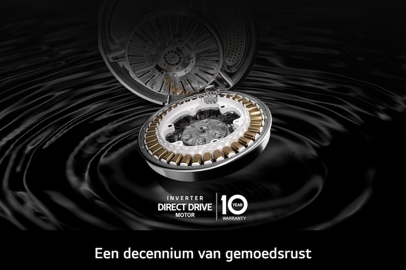 Close-up van de Inverter Direct Drive™-motor in de LG F4X1008NWH 9 kg wasmachine, met de nadruk op het duurzame ontwerp en 10 jaar garantie.