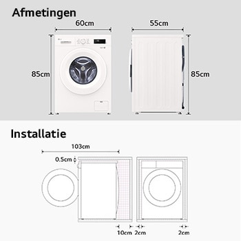 Afmetingengrafiek LG wasmachine: B 60, H 85, D 55 cm (deur open 103 cm), incl. installatieruimte.