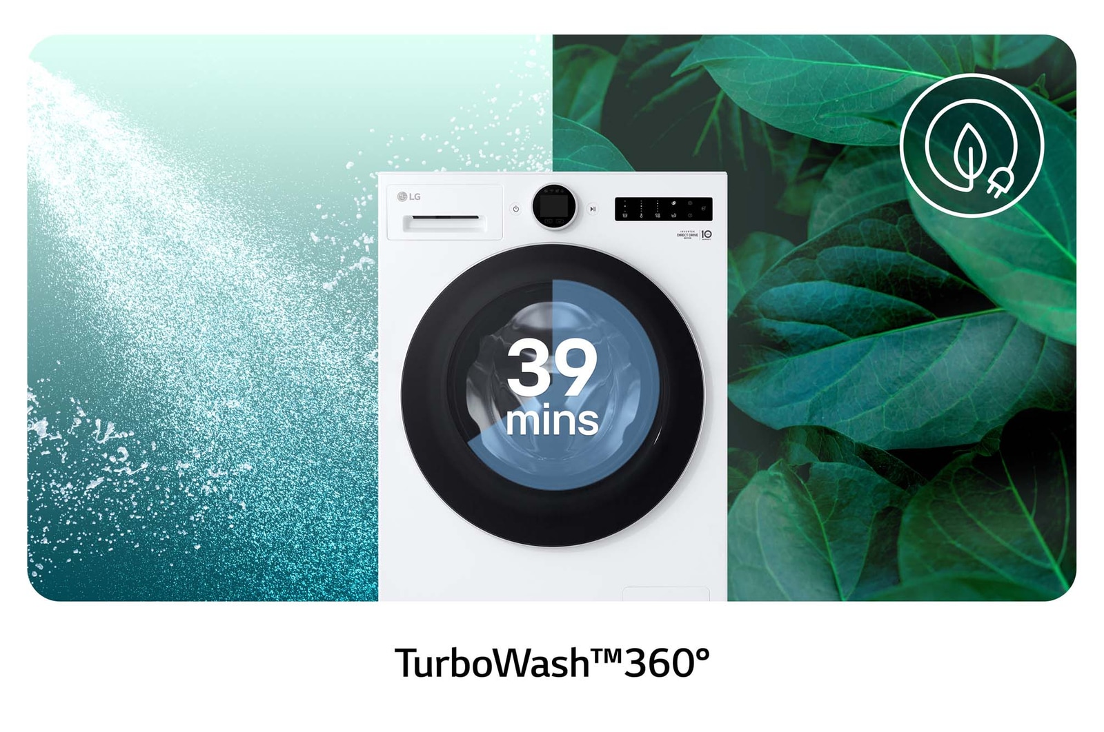 De LG 9 kg wasmachine F4WX801Y in het wit, met TurboWash®360°-technologie voor een grondige wasbeurt in slechts 39 minuten.