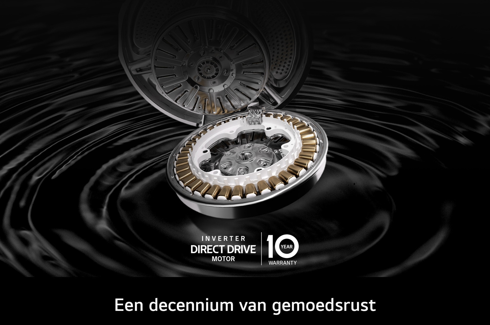 Close-up van de Inverter Direct Drive™-motor in de LG W4X1085NWB wasmachine, met de nadruk op het duurzame ontwerp en 10 jaar garantie.
