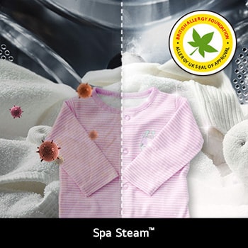 LG's Steam™-technologie in de W4X1085NWB-wasmachine, die de werking op het verminderen van allergenen toont, gecertificeerd door de BAF.