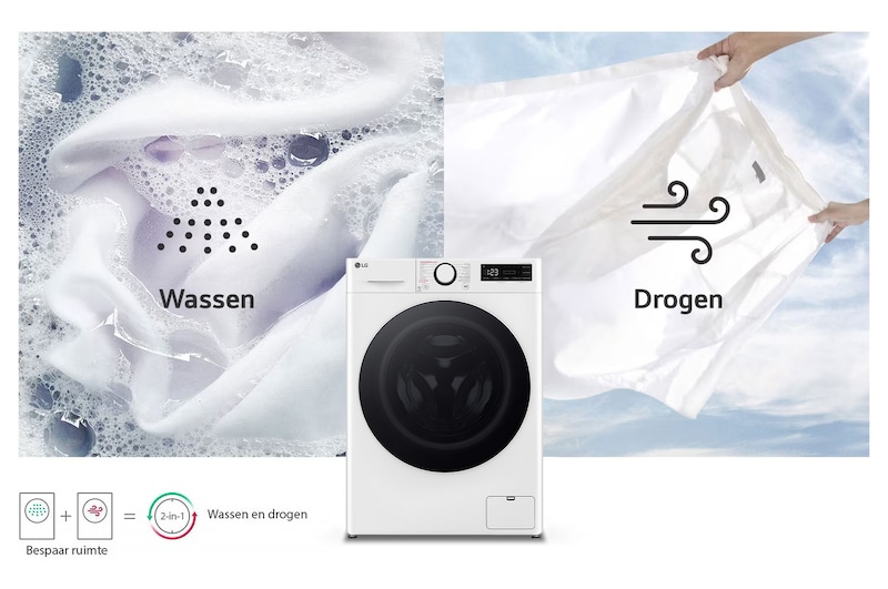 De witte LG was-droogcombinatie GD3R509S0, met 9kg was- en 6 kg droogcapaciteit, die de 2-in-1-functionaliteit illustreert.
