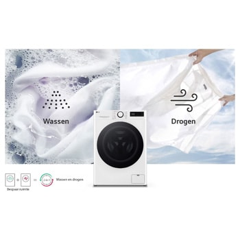 De witte LG was-droogcombinatie GD3R509S0, met 9kg was- en 6 kg droogcapaciteit, die de 2-in-1-functionaliteit illustreert.