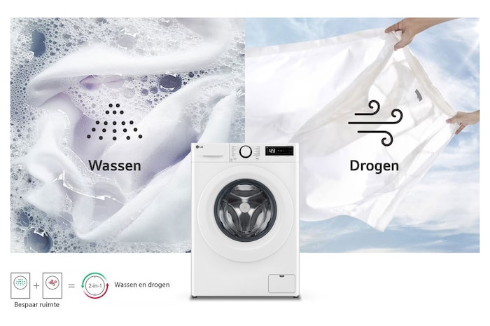 De witte LG was-droogcombinatie F4DR3096N3W, met 9kg was- en 6 kg droogcapaciteit, die de 2-in-1-functionaliteit illustreert.