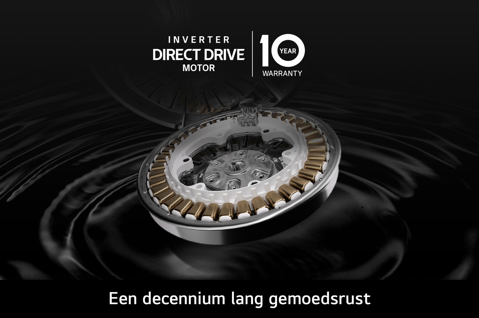 Close-up van de Inverter Direct Drive™-motor in de LG F4DR9537S2W  wasmachine, met de nadruk op het duurzame ontwerp en 10 jaar garantie.