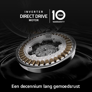 Close-up van de Inverter Direct Drive™-motor in de LG F4DR9537S2W  wasmachine, met de nadruk op het duurzame ontwerp en 10 jaar garantie.