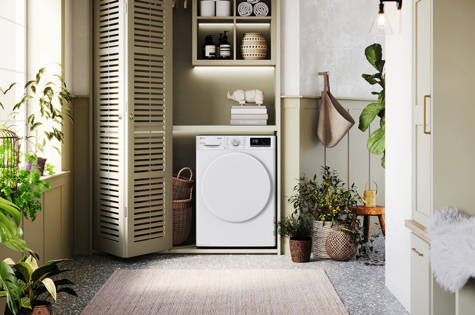 De witte LG 9 kg droger RH80V5AV0N, met een opvallende zwarte patrijspoortring, geïnstalleerd in een stijlvolle, moderne wasruimtekast.