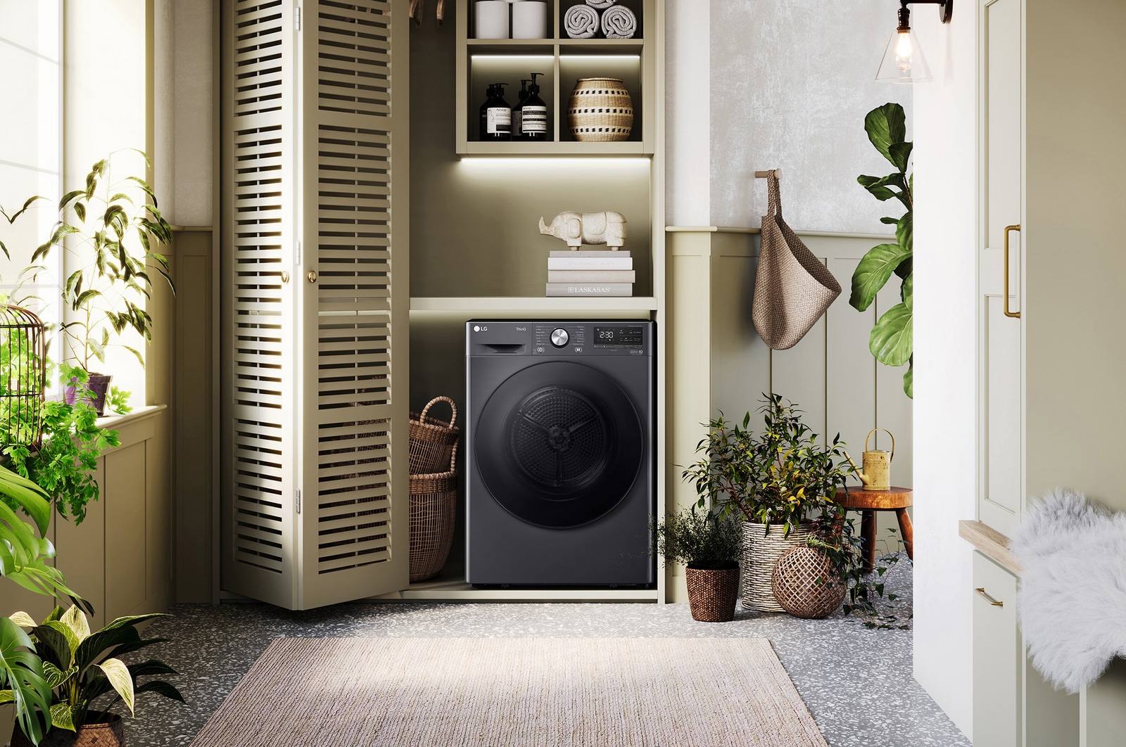De LG 9 kg droger RH90V9ZVEN in Slate Grey, geïnstalleerd in een stijlvolle, moderne wasruimtekast.