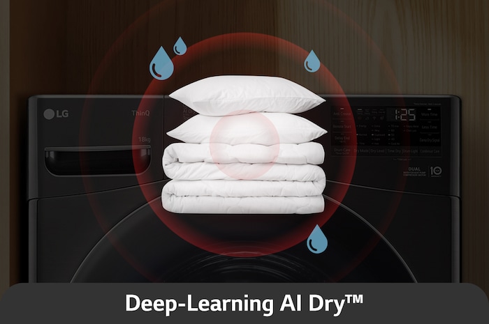De LG 18 kg droger RH18U8AVCW met Deep-Learning AI Dry™-technologie, die sensoren gebruikt om vocht te detecteren voor optimale droogprestaties.