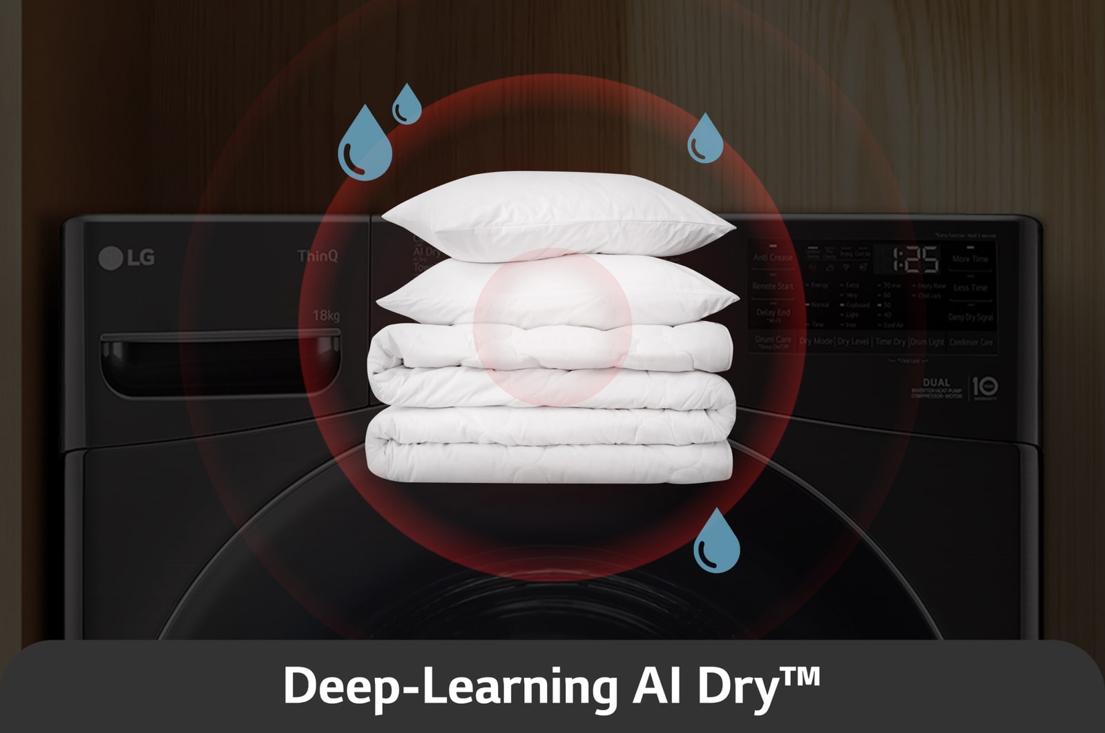 De LG 18 kg droger RH18U8AVCW met Deep-Learning AI Dry™-technologie, die sensoren gebruikt om vocht te detecteren voor optimale droogprestaties.