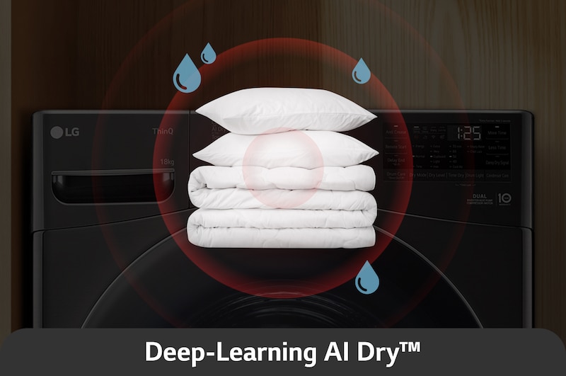 De LG 18 kg droger RH18U8AVCW met Deep-Learning AI Dry™-technologie, die sensoren gebruikt om vocht te detecteren voor optimale droogprestaties.
