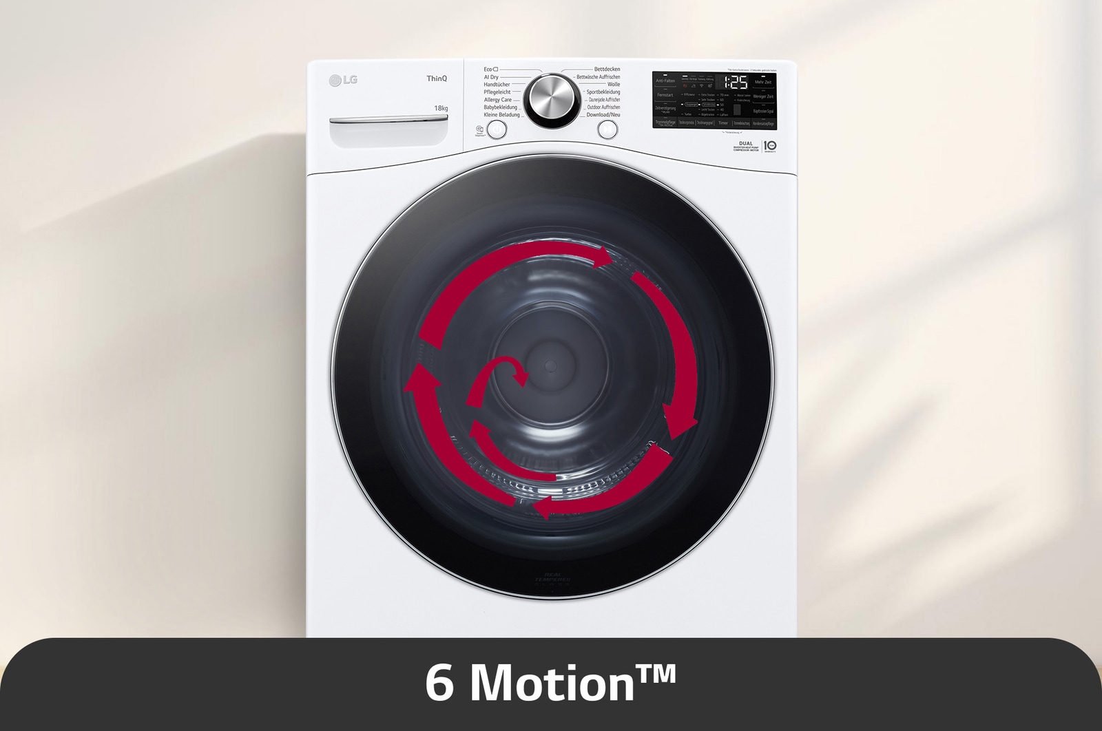 De witte LG 18 kg droger RH18U8AVCW, met 6 Motion™-technologie die verschillende trommelbewegingen gebruikt voor een zachte en effectieve textielverzorging.