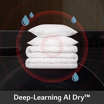 De LG 18 kg droger RH18U8AVCW met Deep-Learning AI Dry™-technologie, die sensoren gebruikt om vocht te detecteren voor optimale droogprestaties.