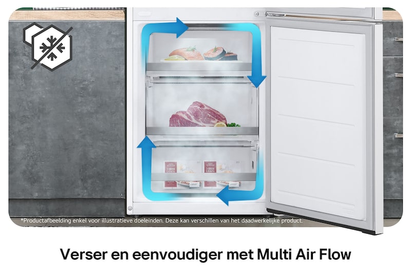 LG Koel-vriescombinatie GBV5240CSW toont **Multi Air Flow**: gevisualiseerde luchtcirculatie in het vriesgedeelte zorgt voor gelijkmatige koeling en voorkomt ijsvorming (No Frost).