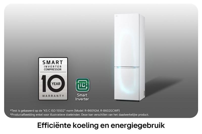 LG Koel-vriescombinatie GBV5240CSW toont het **Smart Inverter Compressor** logo en 10 jaar garantie, benadrukt efficiënte koeling en energiegebruik.