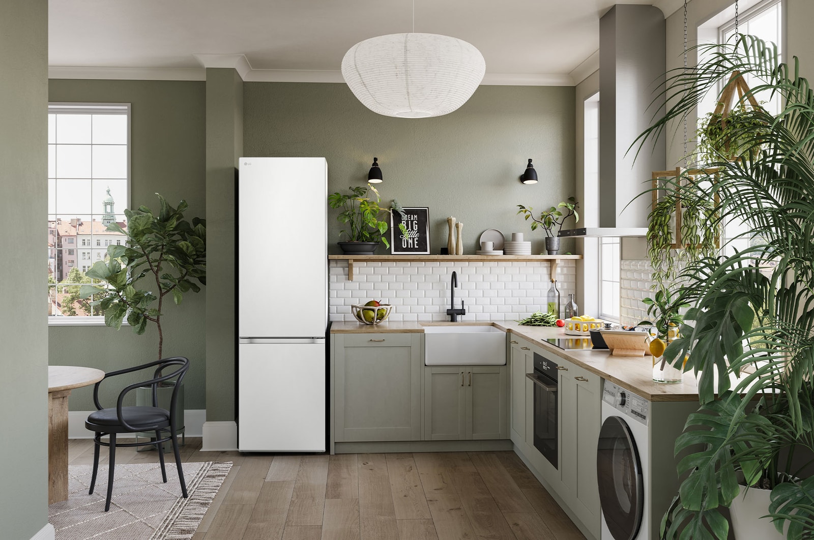 LG Koel-vriescombinatie GBV5240CSW in Wit (203 cm hoog), naadloos ingebouwd in een moderne, minimalistische grijze keuken.