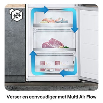 LG Koel-vriescombinatie GBV5240CSW toont **Multi Air Flow**: gevisualiseerde luchtcirculatie in het vriesgedeelte zorgt voor gelijkmatige koeling en voorkomt ijsvorming (No Frost).