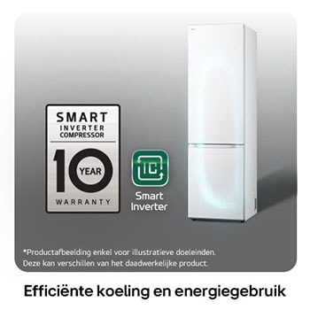 LG Koel-vriescombinatie GBV5240CSW toont het **Smart Inverter Compressor** logo en 10 jaar garantie, benadrukt efficiënte koeling en energiegebruik.