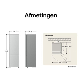 LG Koel-vriescombinatie GBG5160CEV technische tekening: H 1860, B 595, D 676 mm met inbouwmaten en benodigde vrije ruimte.