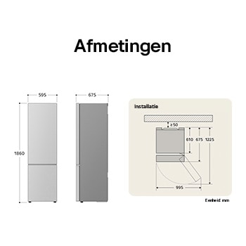 LG Koel-vriescombinatie GBV3100APY technische tekening: H 1860, B 595, D 675 mm met inbouwmaten en 995 mm deurvrijheid.