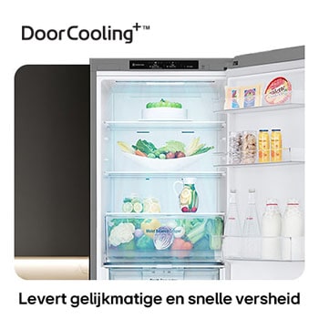 LG Koel-vriescombinatie GBV3100APY toont NatureFRESH binnenkant met gevulde Moist Balance Crisper-lade voor langdurige versheid.