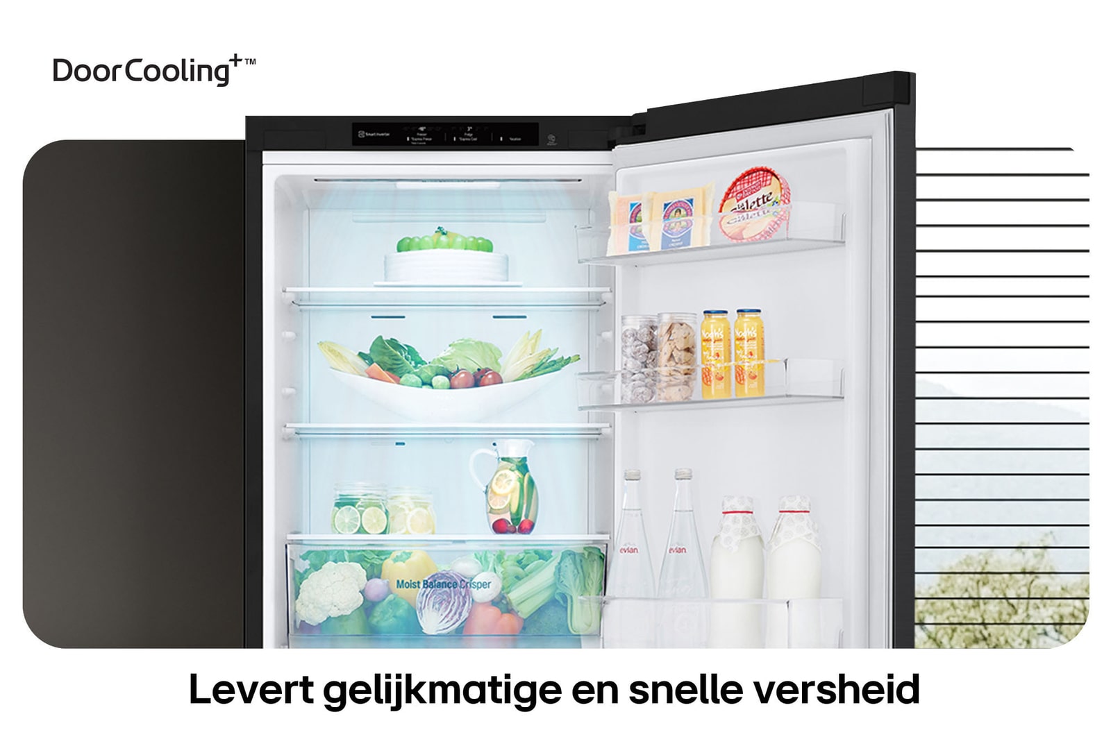 LG Koel-vriescombinatie GBV3100AEP toont NatureFRESH binnenkant met gevulde Moist Balance Crisper-lade voor langdurige versheid.