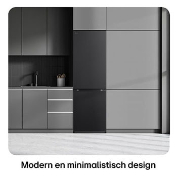 LG Koel-vriescombinatie GBV3100AEP in matzwart, toont het Modern Flat Door Design en naadloze inbouw in de donkere keukenkasten.