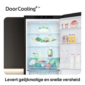 LG Koel-vriescombinatie GBV3100AEP toont NatureFRESH binnenkant met gevulde Moist Balance Crisper-lade voor langdurige versheid.
