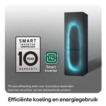 LG Koel-vriescombinatie GBV3100AEP met Smart Inverter Compressor-logo, benadrukt de 10 jaar garantie en verbeterde energie-efficiëntie.
