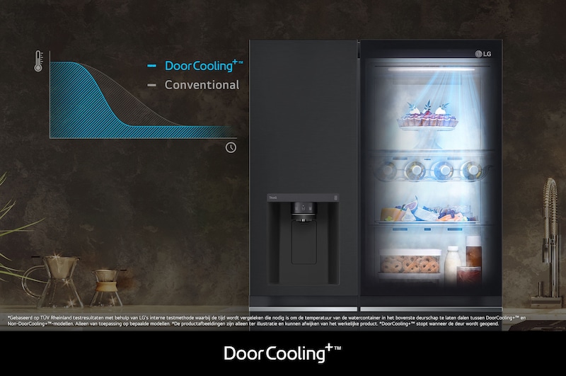 LG InstaView Side-by-Side Koelkast GSGV80EPLD demonstreert **DoorCooling+™**: grafiek en visueel effect tonen snellere, gelijkmatigere koeling, vooral in het deurgedeelte.