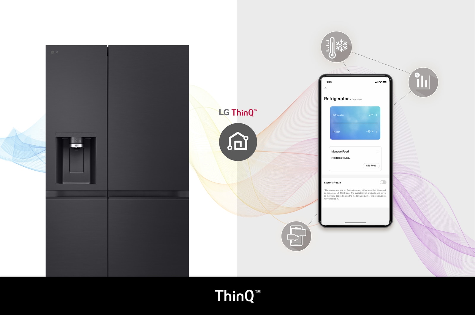 LG Side-by-Side Koelkast GSLE91EVAC toont de **LG ThinQ™ App** op een smartphone, waarmee de gebruiker de temperatuur en status van de koelkast op afstand kan bedienen.