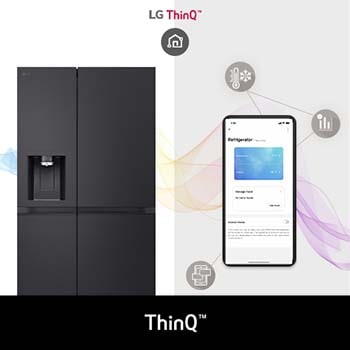 LG Side-by-Side Koelkast GSLE91EVAC toont de **LG ThinQ™ App** op een smartphone, waarmee de gebruiker de temperatuur en status van de koelkast op afstand kan bedienen.