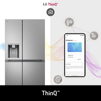 LG Side-by-Side Koelkast GSLE81PYBD toont de **LG ThinQ™ App** op een smartphone, waarmee de gebruiker de temperatuur en status van de koelkast op afstand kan bedienen.