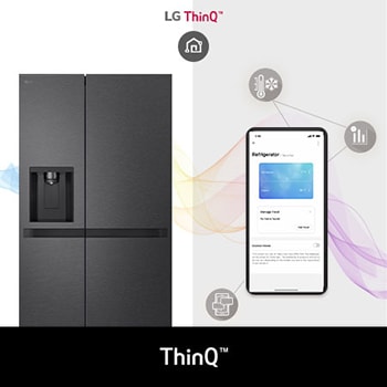 LG Side-by-Side Koelkast GSLC41EPPE toont de **LG ThinQ™ App** op een smartphone, waarmee de gebruiker de temperatuur en status van de koelkast op afstand kan bedienen.