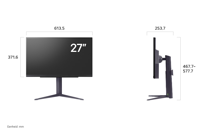 Afmetingen van de LG UltraGear™ Gaming Monitor 27GS85Q-B (27 inch): Breedte 613,5 mm, Hoogte 467,7–577,7 mm en Diepte 253,7 mm (met in hoogte verstelbare standaard).