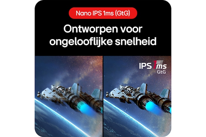 LG UltraGear™ Gaming Monitor 27GS85Q-B met Nano IPS 1ms (GtG), ontworpen voor ongelooflijke snelheid en kristalheldere beweging zonder vervaging.
