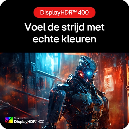 LG UltraGear™ Gaming Monitor 27GS85Q-B met VESA Certified DisplayHDR™ 400, voor diepere contrasten en levensechte kleuren tijdens gevechten.