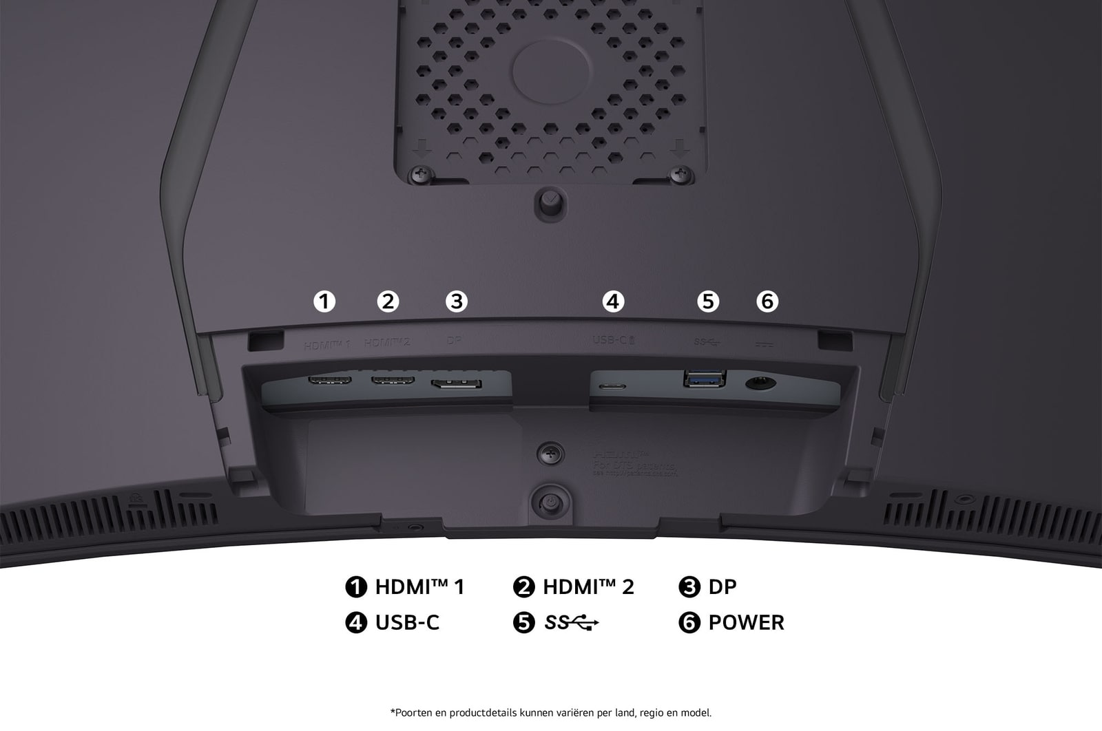Achteraanzicht van de LG Monitor 34GX900A in een donkere uitvoering, toont de poortspecificaties met twee HDMI™-poorten, DP, USB-C en een USB-aansluiting.