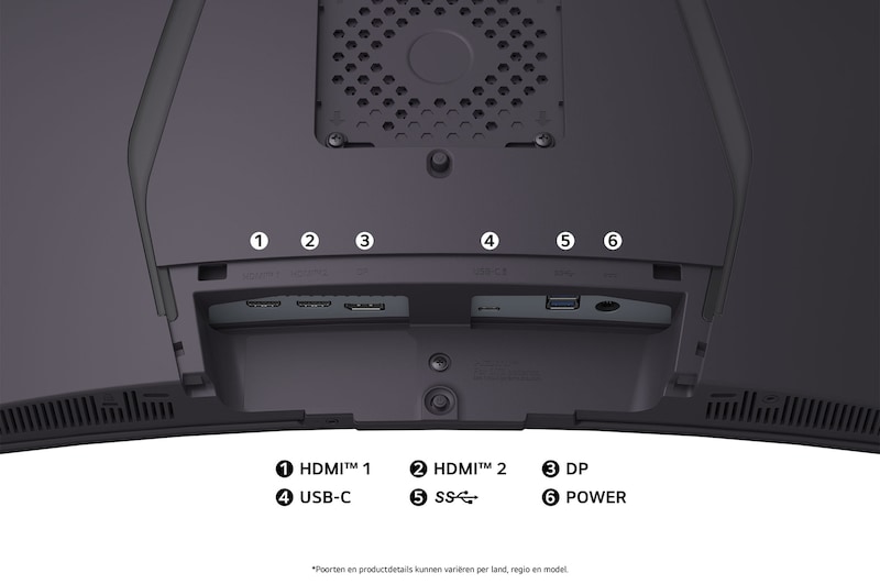 Achteraanzicht van de LG Monitor 34GX900A in een donkere uitvoering, toont de poortspecificaties met twee HDMI™-poorten, DP, USB-C en een USB-aansluiting.